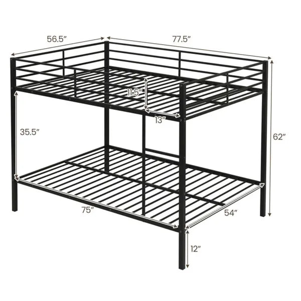 Black Metal Bunk Bed With Guardrail, 12 Ground Clearance 79.5LBS Net Weight Easy Assembly
