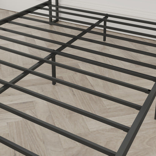 Queen Size Bed Frame With Charging Station, Upholstered Headboard, Metal Platform, Grey