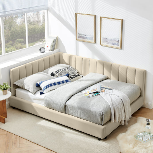 Full Size Upholstered Tufted Bed Frame, Sofa Bed Frame With Comfortable Backrest And Armrests, Full Size Bed For Bedroom, Living Room,Velvet-Beige 81x60x29.5