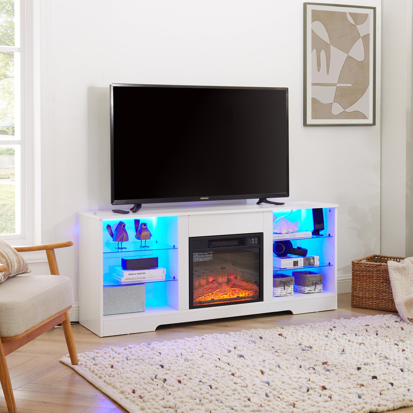 TV Stand Electric Fireplace TV Stand With Glass Shelves, 3D Fireplace TV Stand With LED Lights Wood With USB Charging Outlet Modern Television Table Center For TV Up To 32-62 White 58 W 15.4Dx24.4