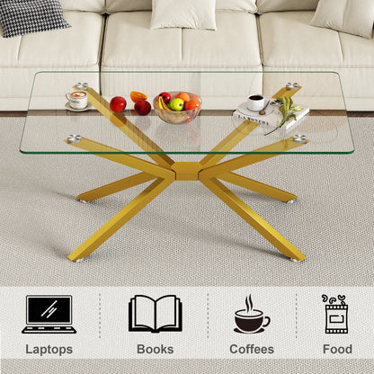 39.37  Rectangular Clear Tempered Glass Coffee Table,Stylish Design With Gold Metal Legs, Coffee Table For Living Room