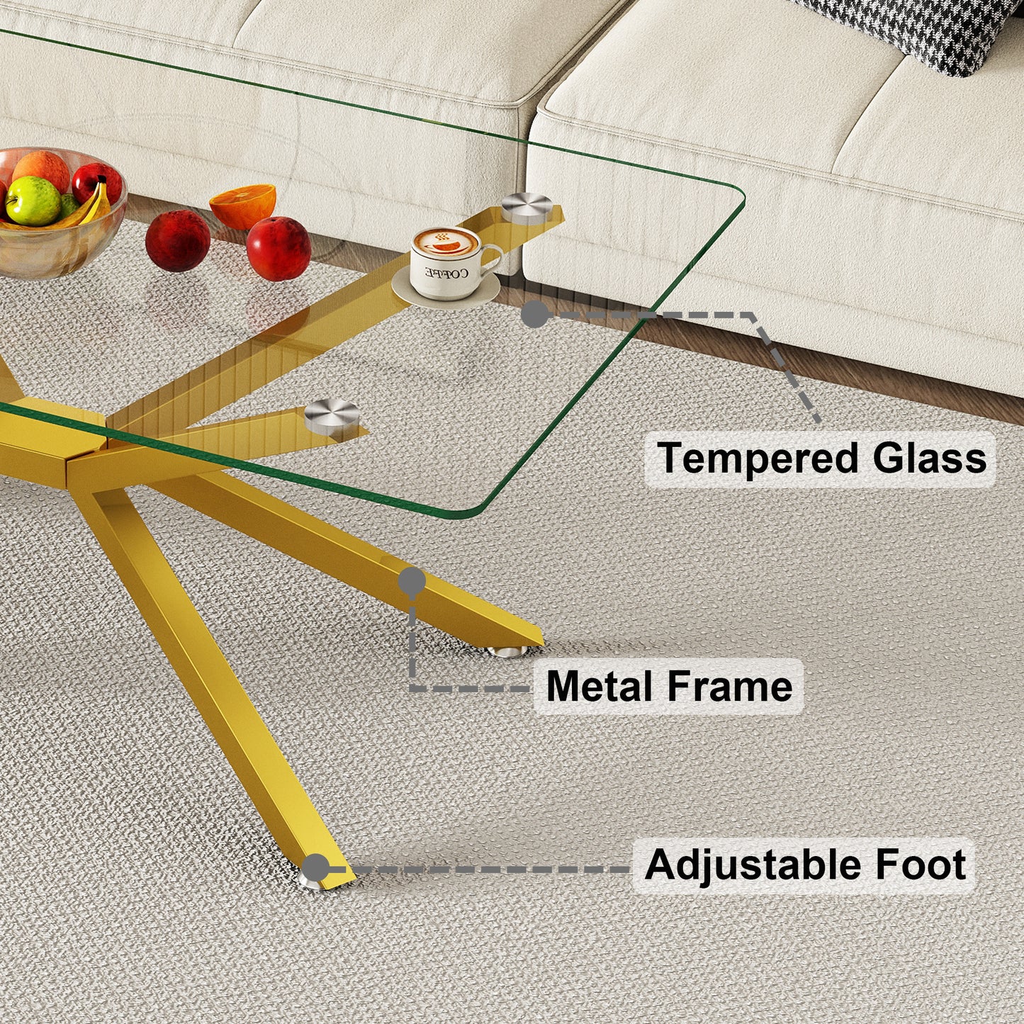 39.37  Rectangular Clear Tempered Glass Coffee Table,Stylish Design With Gold Metal Legs, Coffee Table For Living Room