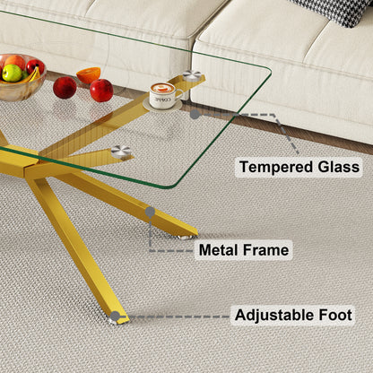 39.37  Rectangular Clear Tempered Glass Coffee Table,Stylish Design With Gold Metal Legs, Coffee Table For Living Room