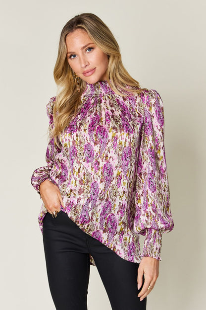 Semi-Sheer Smocked Top with Long Sleeves & Frills
