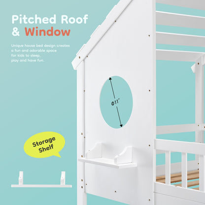 A-B Combination Sale, Please Do Not Buy Separately---Wood Twin Over Twin House Bunk Bed, Loft Bed With Ladder, Safety Guardrail, Wooden Slats & Window