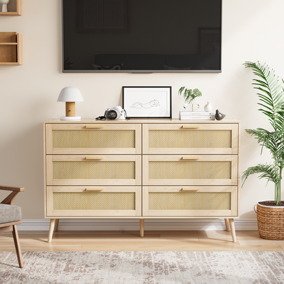 Rattan 6 Drawers  Chest  Of Dressers For Bedroom, Modern 6 Drawer Dresser, Wide Chest Of Drawers With Wood Handles,  Rattan Dresser Storage Cabinet For Living Room, Bedroom, Hallway