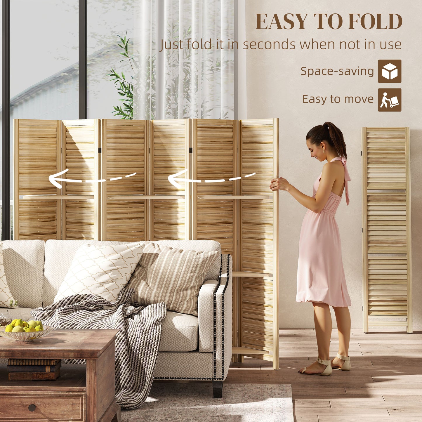 6 Panel 67" Tall Wood Privacy Screen Room Divider with 3 Shelves and Folding Storage for Bedroom, Natural Wood