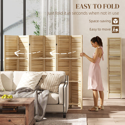6 Panel 67" Tall Wood Privacy Screen Room Divider with 3 Shelves and Folding Storage for Bedroom, Natural Wood