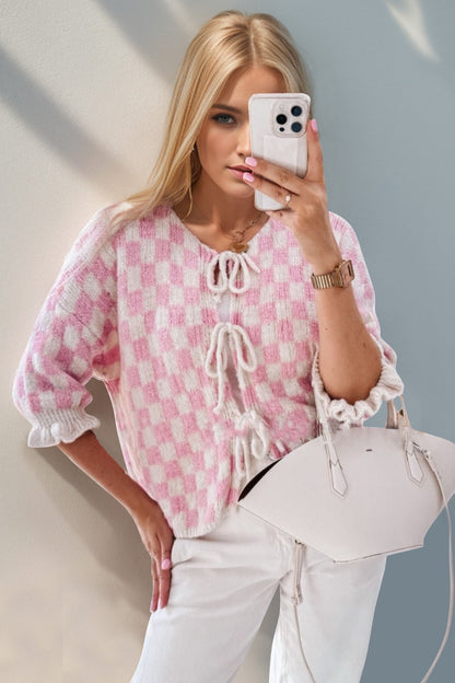 Back To School Sweater - Double Take Tied Checkered Dropped Shoulder Flounce Sleeve Cardigan