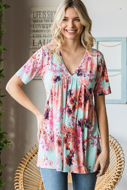 Floral Babydoll Top with V-Neck and Short Sleeves