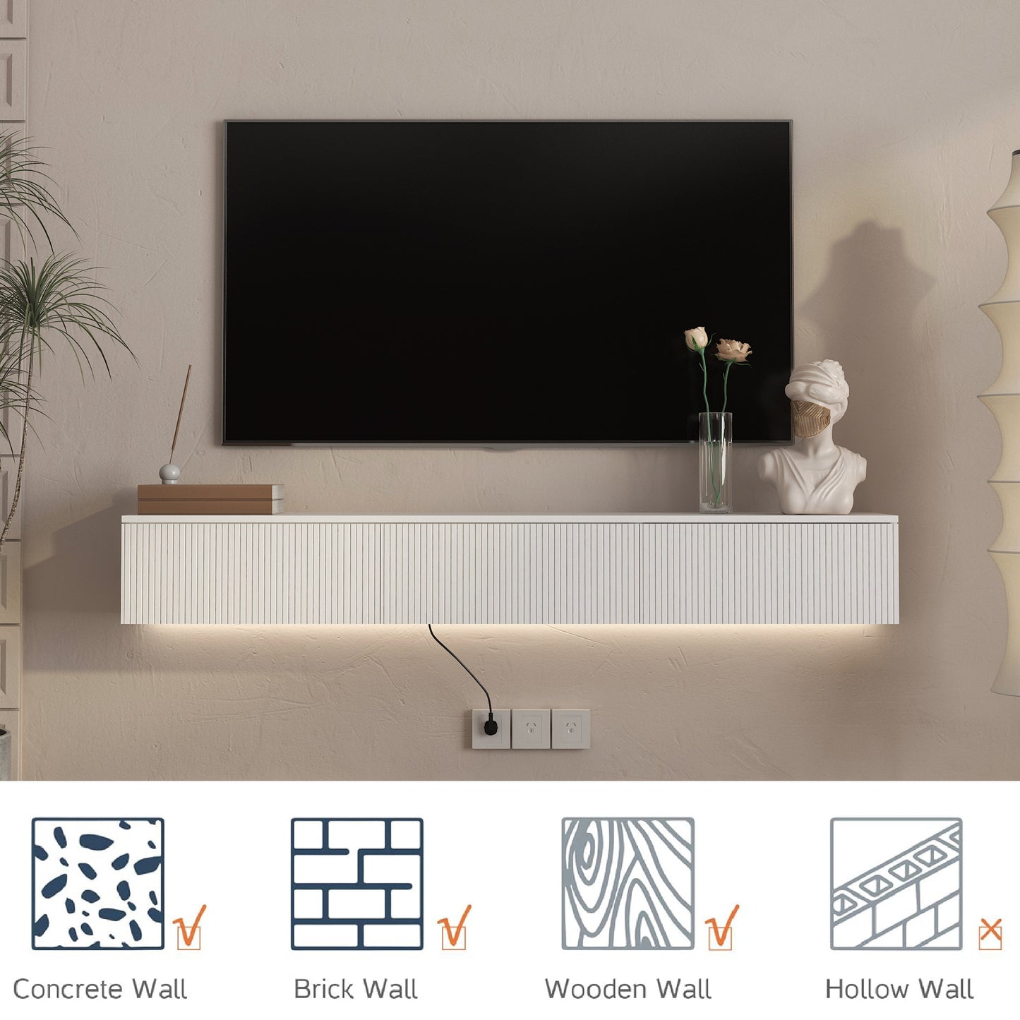 Floating TV Stand Wall Mounted With 16 Color LEDs,65inch Modern TV Stand, Floating TV Cabinet Entertainment Center For 55 60 65 Inch TV