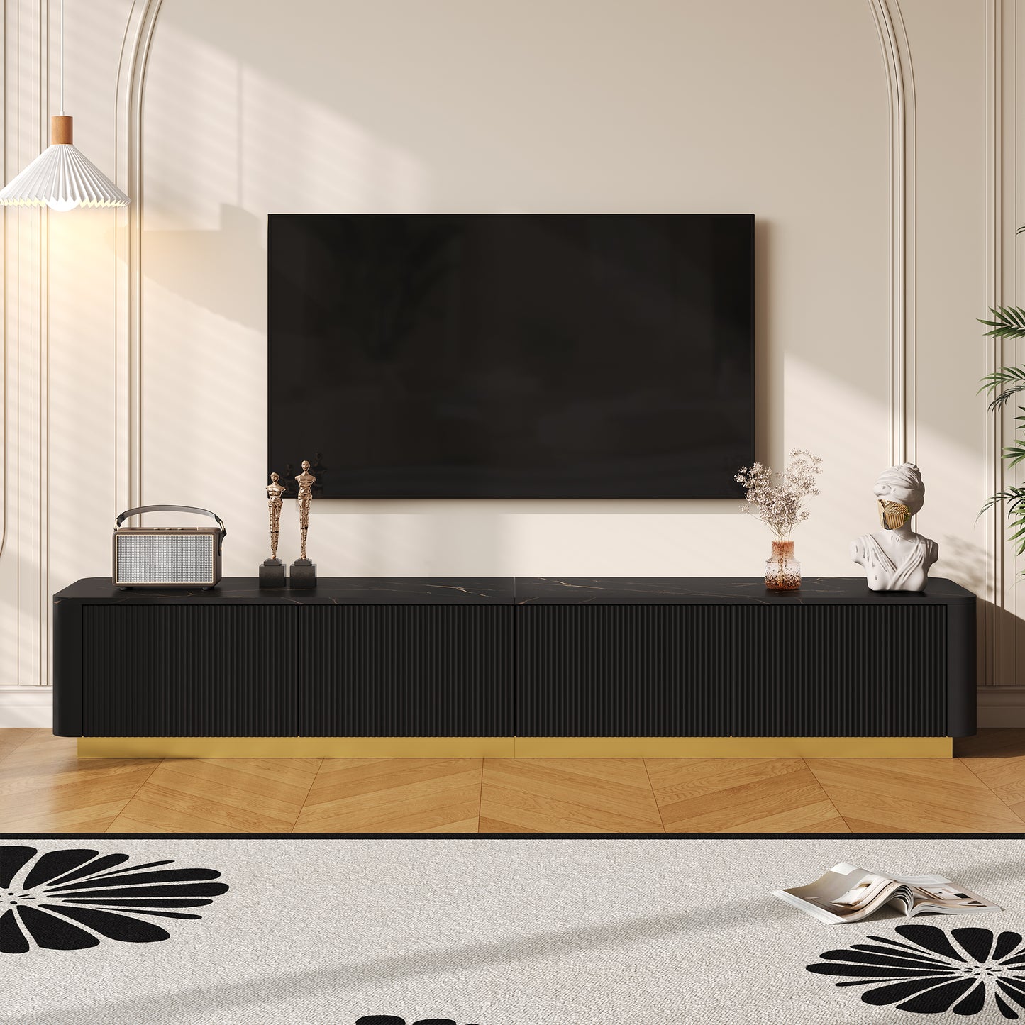 ON-TREND Luxury Fluted TV Stand For TVs Up To 85, Faux Marble Tabletop Media Console With 4 Drawers, Curved Profile Design, Modern Entertainment Center With Gold Base For Living Room, Black