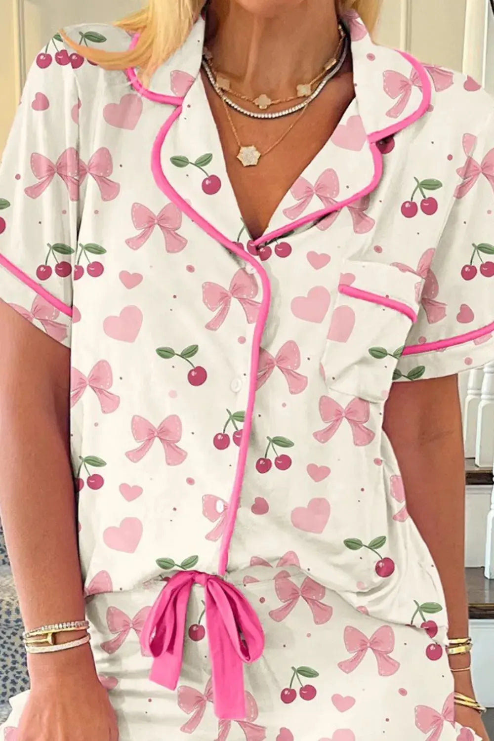 Printed Button Up Short Sleeve Top and Shorts Lounge Set
