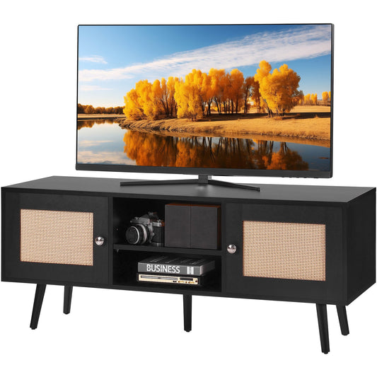 Rattan TV Stand, Boho TV Cabinet For 55 Inch TV, Mid Century Modern TV Stand, Rattan TV Console With Adjustable Shelfs For  Living Room, Media Room, Black