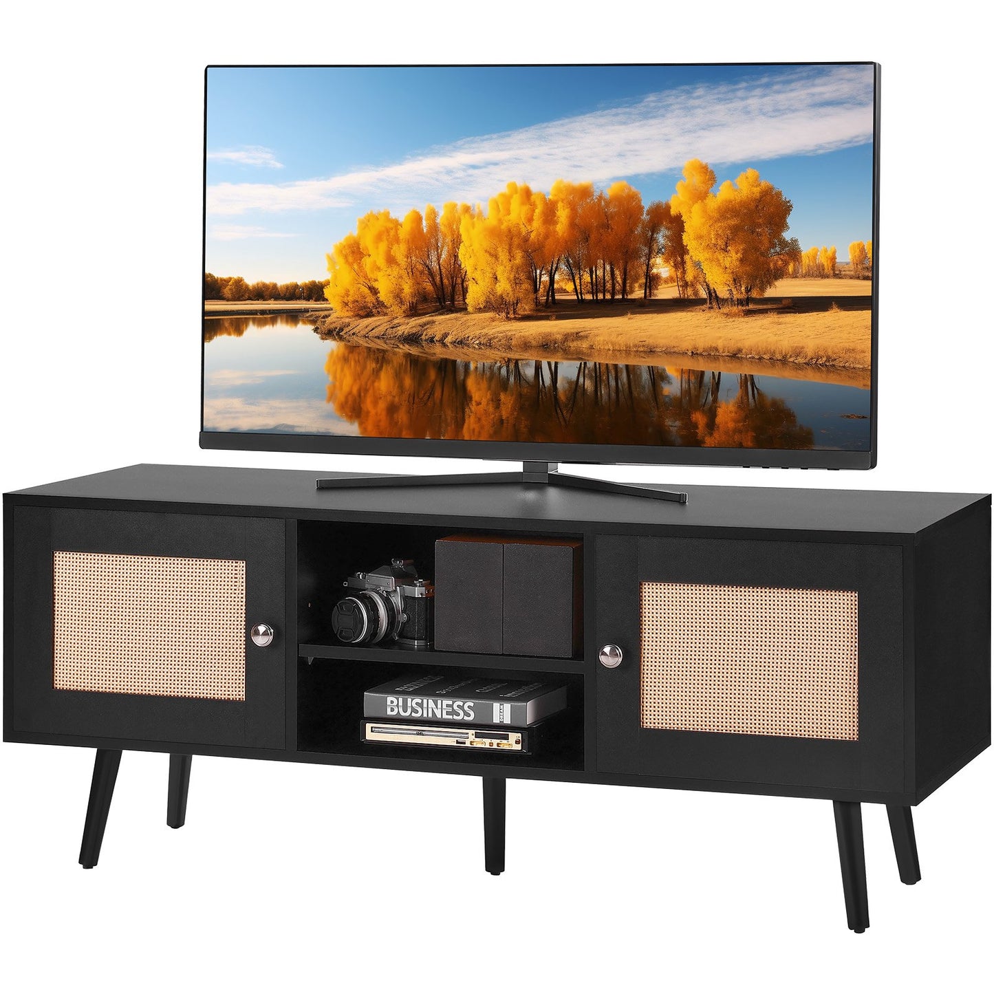 Rattan TV Stand, Boho TV Cabinet For 55 Inch TV, Mid Century Modern TV Stand, Rattan TV Console With Adjustable Shelfs For  Living Room, Media Room, Black