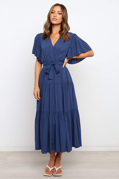 Front Tie Short Sleeve Tiered Midi Dress