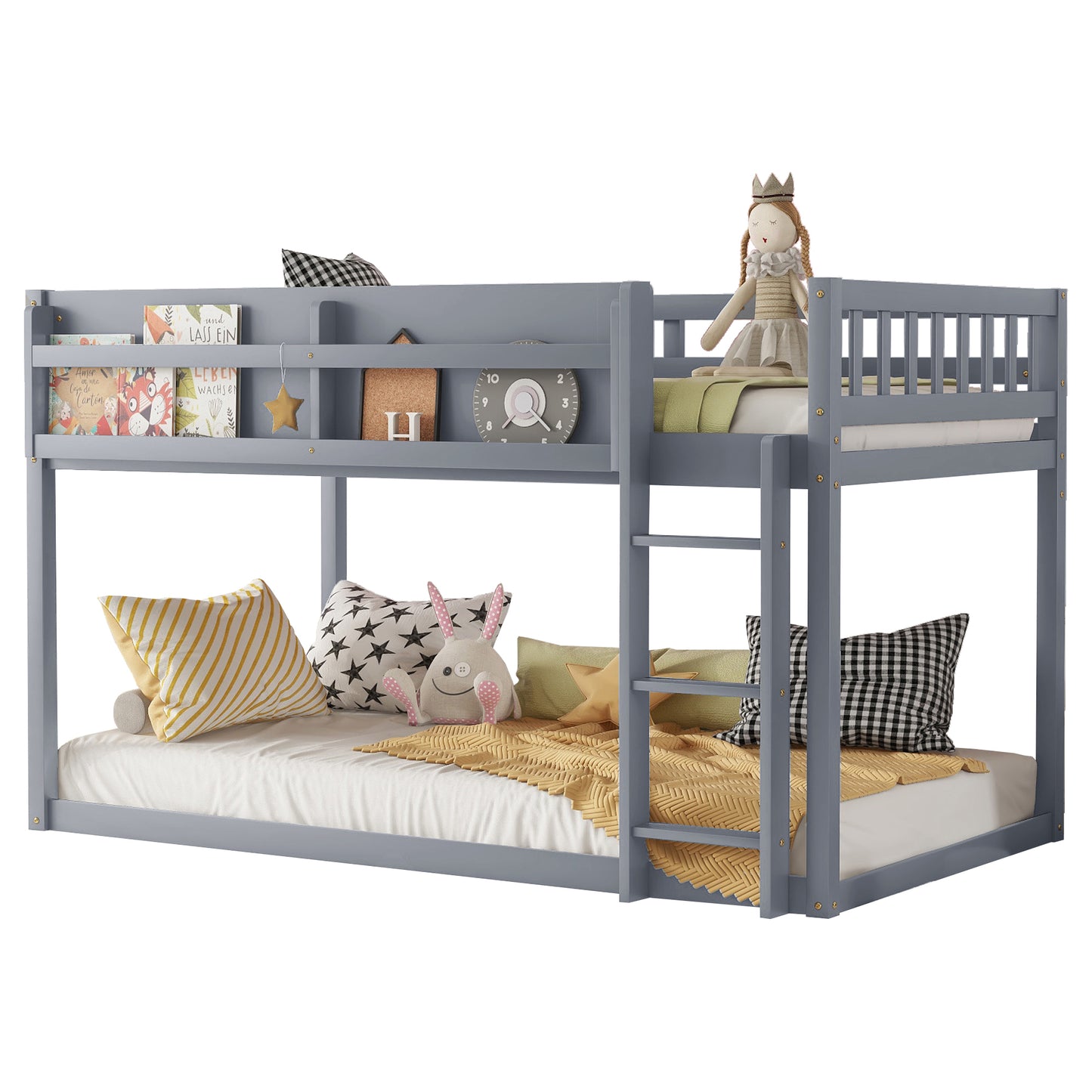 Low Twin Over Twin Bunk Bed, Floor Bunk Bed With Ladder, Solid Wood Twin Bunk Bed For Kids & Juniors, GreyExpect Arrival Date 2025 11 25