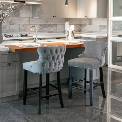 AA Furniture,Contemporary Velvet Upholstered Wing-Back Barstools With Button Tufted Decoration And Wooden Legs, And Chrome Nailhead Trim, Leisure Style Bar Chairs,Bar Stools, Set Of 2 Gray,SW1824GY