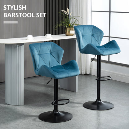 Bar Stools Set Of 2, Luxurious Velvet-Touch Barstools With Metal Frame Footrest Round Base Triangle Indenting Moulded Seat Adjustable Height Swivel Blue
