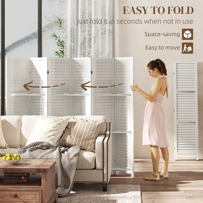 6 Panel 67" Tall Wood Privacy Screen Room Divider with 3 Shelves and Folding Storage for Bedroom, White
