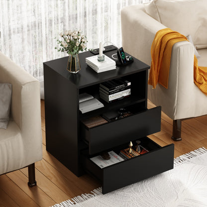 Set Of 2  End Table With Fast USB C Charging Station, Sofa Side Table With 2 Drawers, Large Storage Modern Wood Storage Cabinet For Living Room,Bedroom,Office, Black