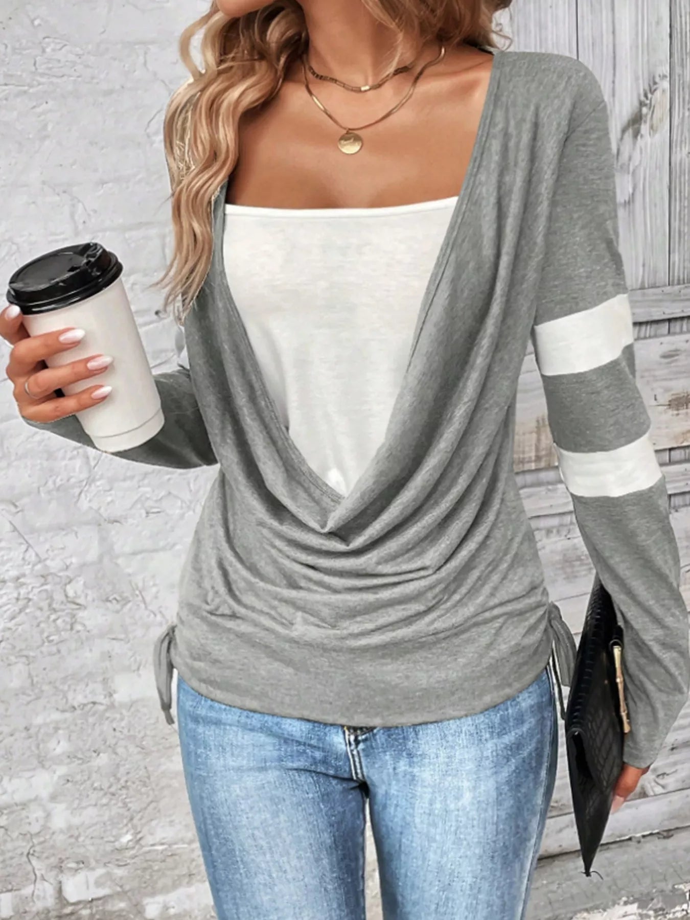 Cowl Neck Long Sleeve Fake Two-Piece T-Shirt