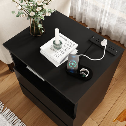 Set Of 2  End Table With Fast USB C Charging Station, Sofa Side Table With 2 Drawers, Large Storage Modern Wood Storage Cabinet For Living Room,Bedroom,Office, Black