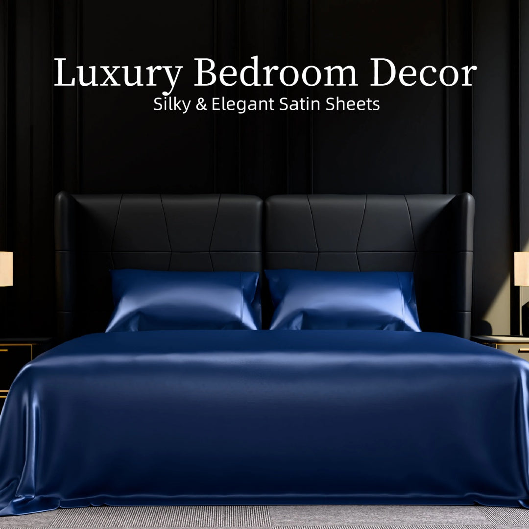 Satin Bed Sheets, Queen Size Sheets Set, 4 Pcs Silky Bedding Set With 15 Inches Deep Pocket For Mattress Queen, Navy Blue