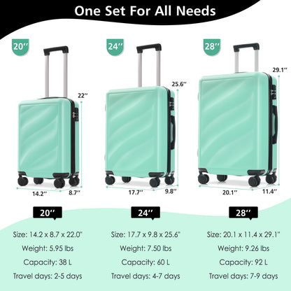 Luggage Set 3 Piece, Lightweight Durable ABS Suitcases With Spinner Wheels And TSA Lock, Carry-on & Checked Travel Luggage 20-24-28