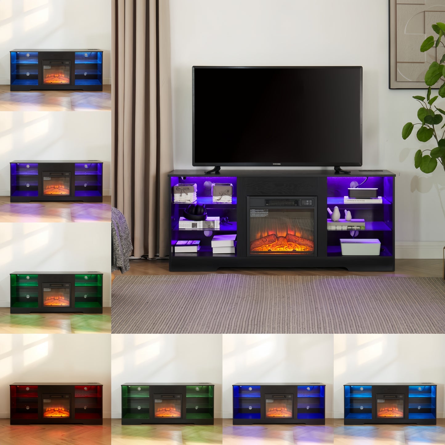 TV Stand Electric Fireplace TV Stand With Glass Shelves, 3D Fireplace TV Stand With LED Lights Wood With USB Charging Outlet Modern Television Table Center For TV Up To 32-62 Black 58Wx15.4Dx24.4