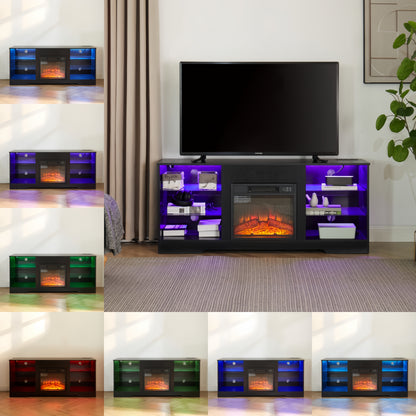 TV Stand Electric Fireplace TV Stand With Glass Shelves, 3D Fireplace TV Stand With LED Lights Wood With USB Charging Outlet Modern Television Table Center For TV Up To 32-62 Black 58Wx15.4Dx24.4