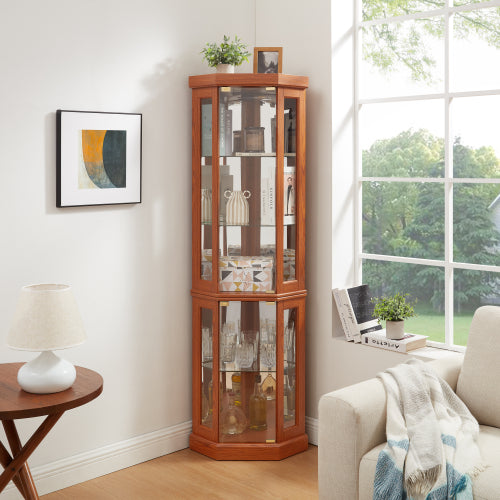 Corner Glass Cabinet Lighted Curio Cabinet Corner Display Case For Living Room, Curio Cabinet, Antique Collection, Wine,Bar Glass Storage Light Included,Dark Cherry