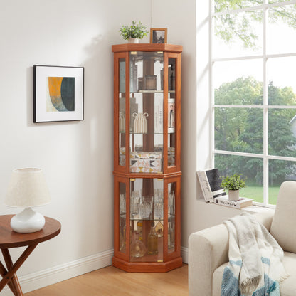 Corner Glass Cabinet Lighted Curio Cabinet Corner Display Case For Living Room, Curio Cabinet, Antique Collection, Wine,Bar Glass Storage Light Included,Dark Cherry