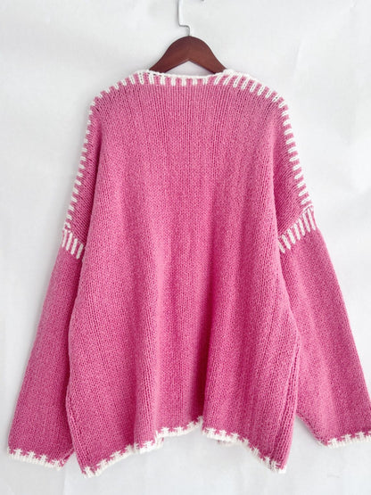 Back To School Sweater - Double Take Contrast Open Front Dropped Shoulder Cardigan