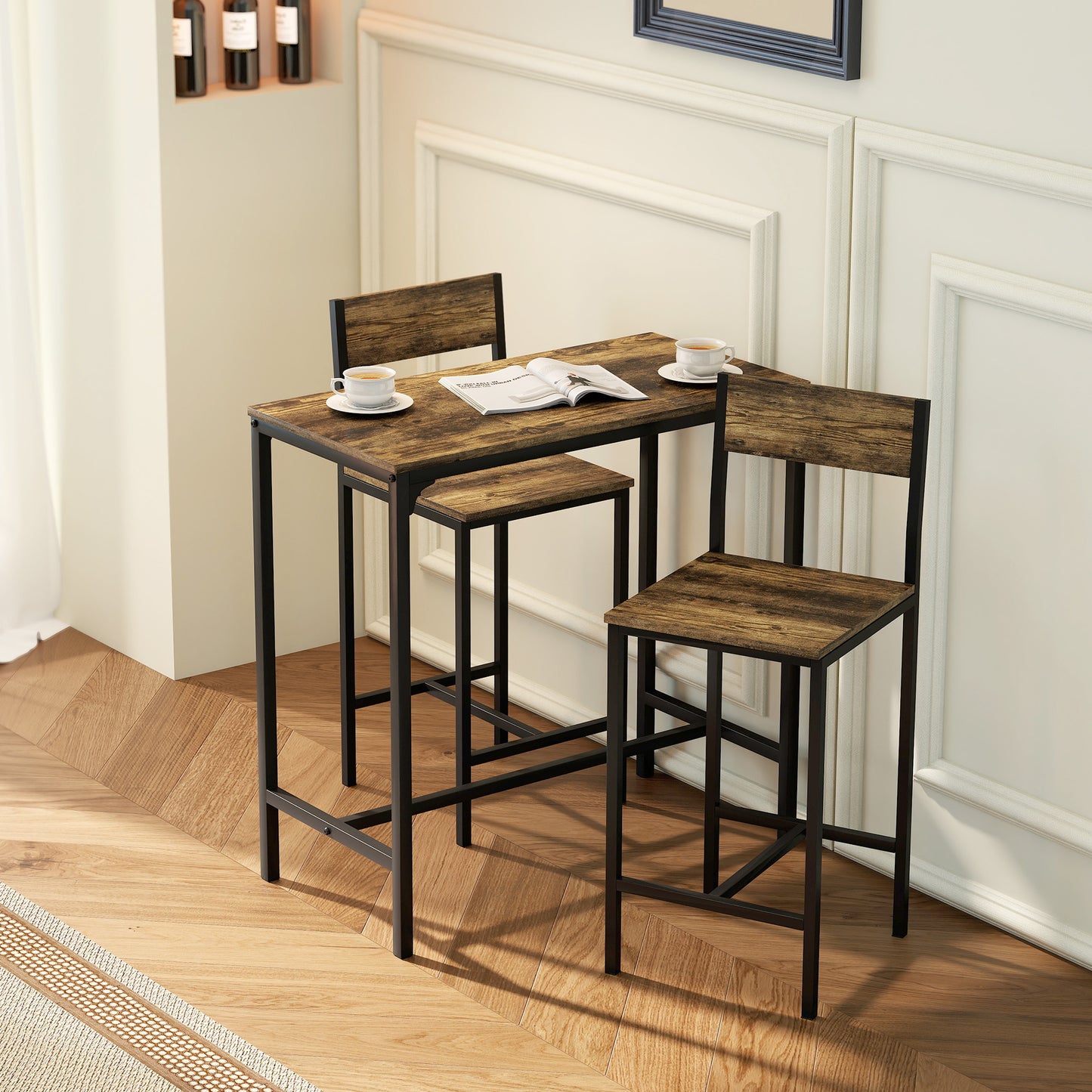 3-Piece Bar Table Set With 2 Stools, Industrial Breakfast Bar Set With Footrest, Backrest For Dining Room, Small Space