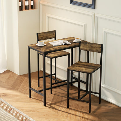 3-Piece Bar Table Set With 2 Stools, Industrial Breakfast Bar Set With Footrest, Backrest For Dining Room, Small Space