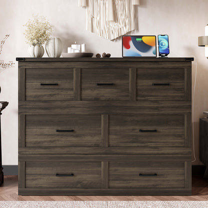 Murphy Bed Cabinet Full Size With Charging Station, Multi-Functional Foldable Platform Bed With 1 Large Storage Drawer For Guest Room, Small Bedroom, Rustic Gray