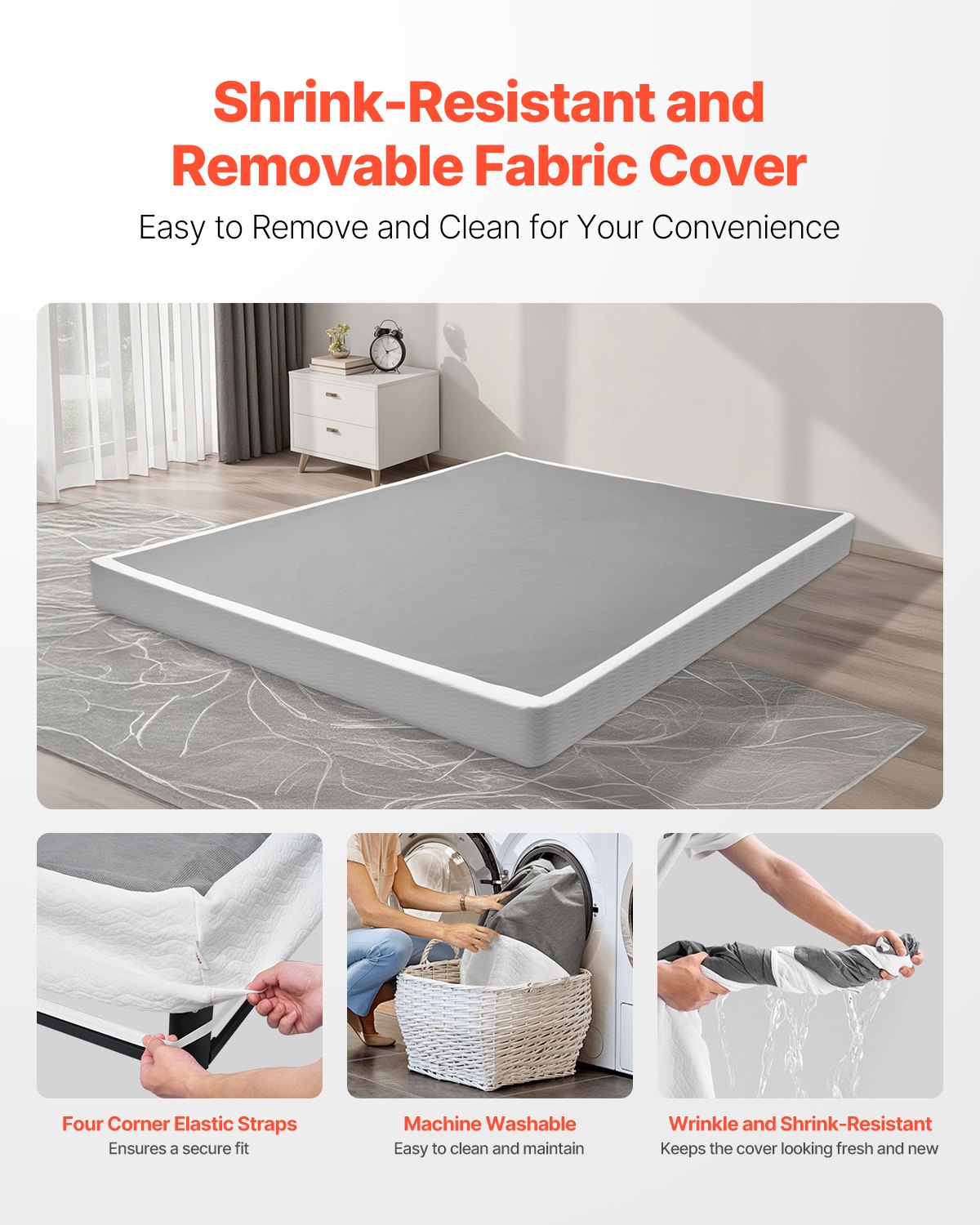Box Spring, Queen Size Bed Frame With Washable Fabric Cloth, Heavy Duty Metal Frame For Queen Bed, 4 In Mattress Foundation, 3500 Lbs Max Weight Capacity, Easy Assembly, 79.1 L X 59.4 W X 4 H In