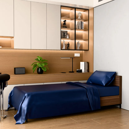 Satin Bed Sheets, Twin Size Sheets Set, 3 Pcs Silky Bedding Set With 15 Inches Deep Pocket For Mattress Twin, Navy Blue