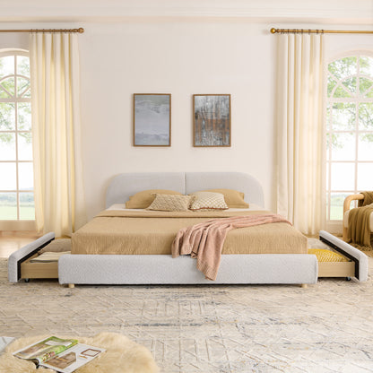 King Size Upholstered Bed Frame Modern Minimalist Style - Circle Yarn Fabric, Tall Curved Headboard, Sturdy Leg Support & Wheeled Drawer Storage, Mattress Not Included -Beige