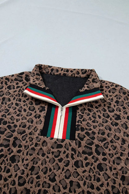Leopard Jacquard Striped Patchwork Half Zip Short Sleeve Blouse