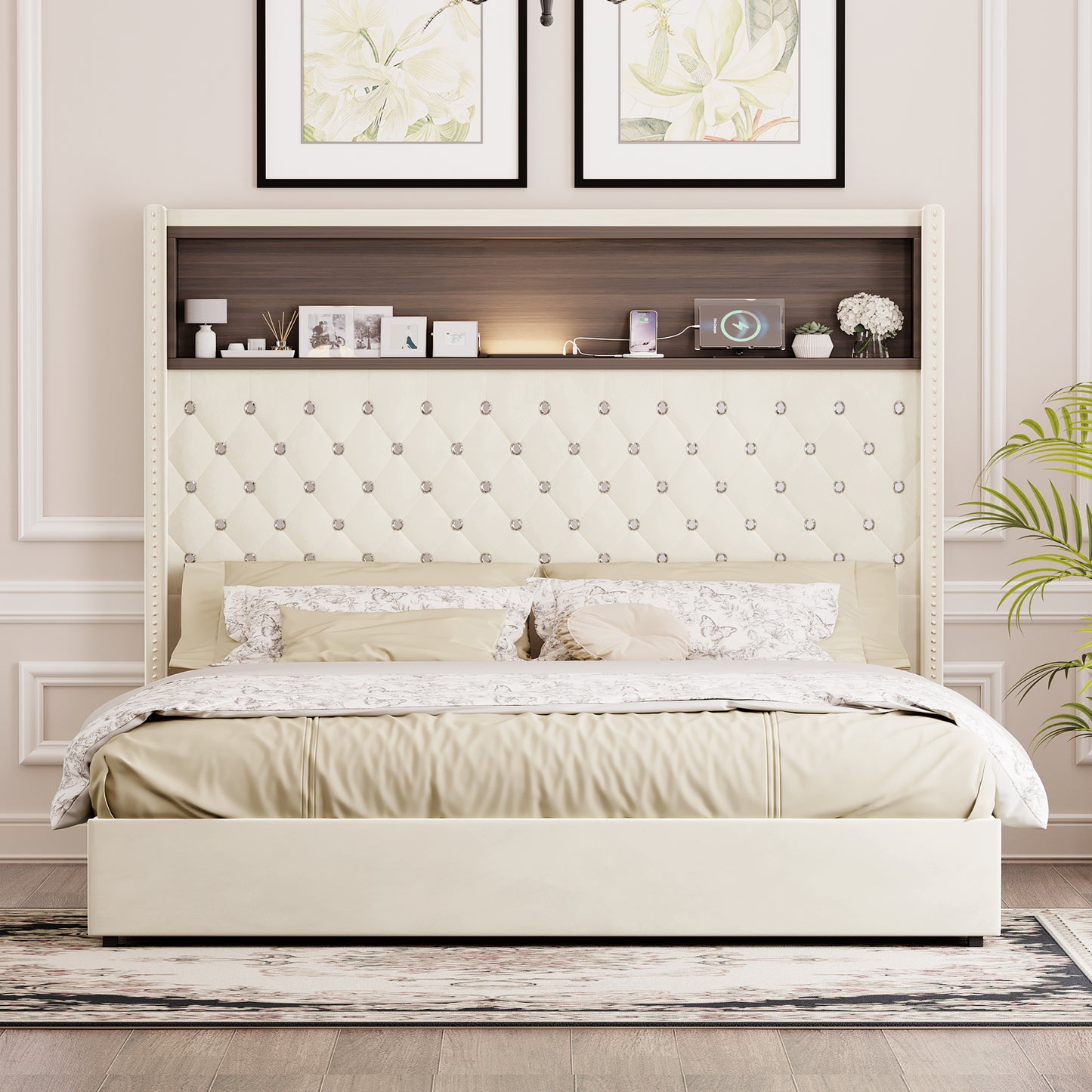 Queen Size Velvet Tufted Soft Bed Frame With USB Port And Night Light,52'' High Headboard With Rivet Decoration, Wing-back Platform Bed With Headboard Shelf, Beige