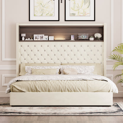 Queen Size Velvet Tufted Soft Bed Frame With USB Port And Night Light,52'' High Headboard With Rivet Decoration, Wing-back Platform Bed With Headboard Shelf, Beige