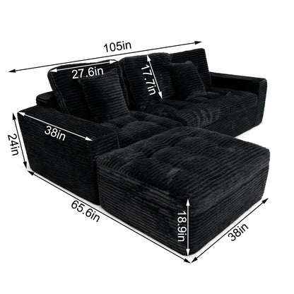 Modular Cloud Sofa Set, 105 DIY Sectional With Ottoman, Pure Foam, Faux Rabbit Fur Velvet, Comfortable Living Room Couch Black