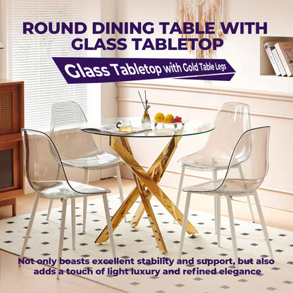 Golden Dining Table With Cross Metal Leg And Glass,Modern Space Saving Kitchen Table For Living Room