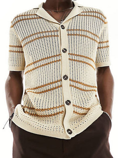 Men's Striped Collared Neck Hollow Out Shirt