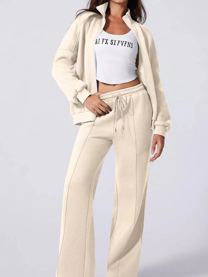 Drop Shoulder Zip Up Jacket and Drawstring Pants Active 2pcs Set