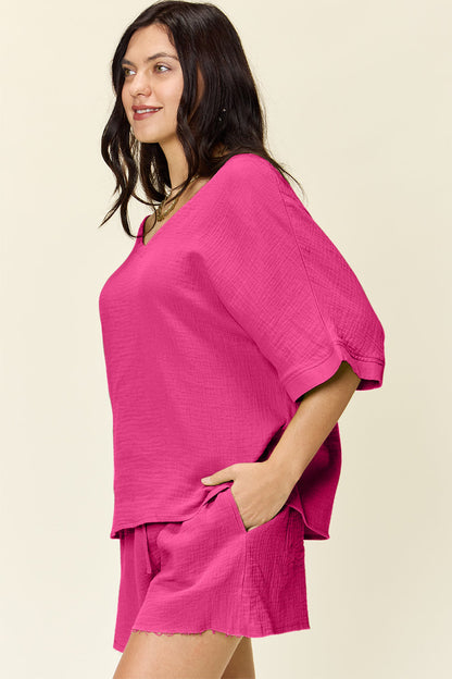 Textured Cotton T-Shirt and Drawstring Shorts Set