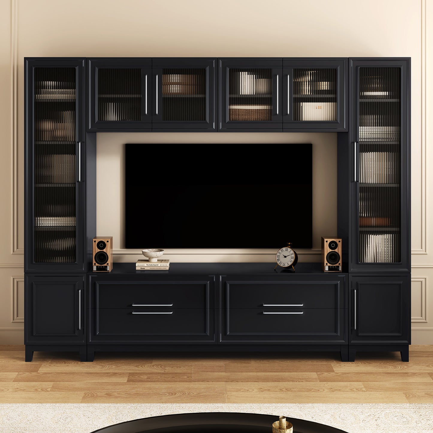 VIBE HAUS 102 W Wall Unit Modern Entertainment Center With Glass Doors For TVs Up To 75, Large Minimalist TV Stand Media Console With Drawers For Living Room