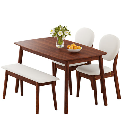 1 Table 2 Chairs 1 Bench Dining Set, Rubber Wood Frame With Beige Upholstered Seats, Deep Walnut Finish Rectangular Kitchen Dining Furniture